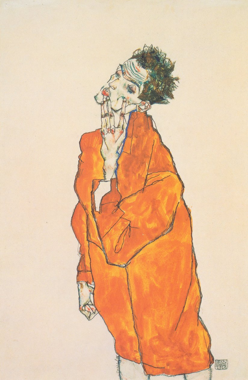 Selbstbildnis in oranger Jacke von Egon Schiele: Kunstdruck